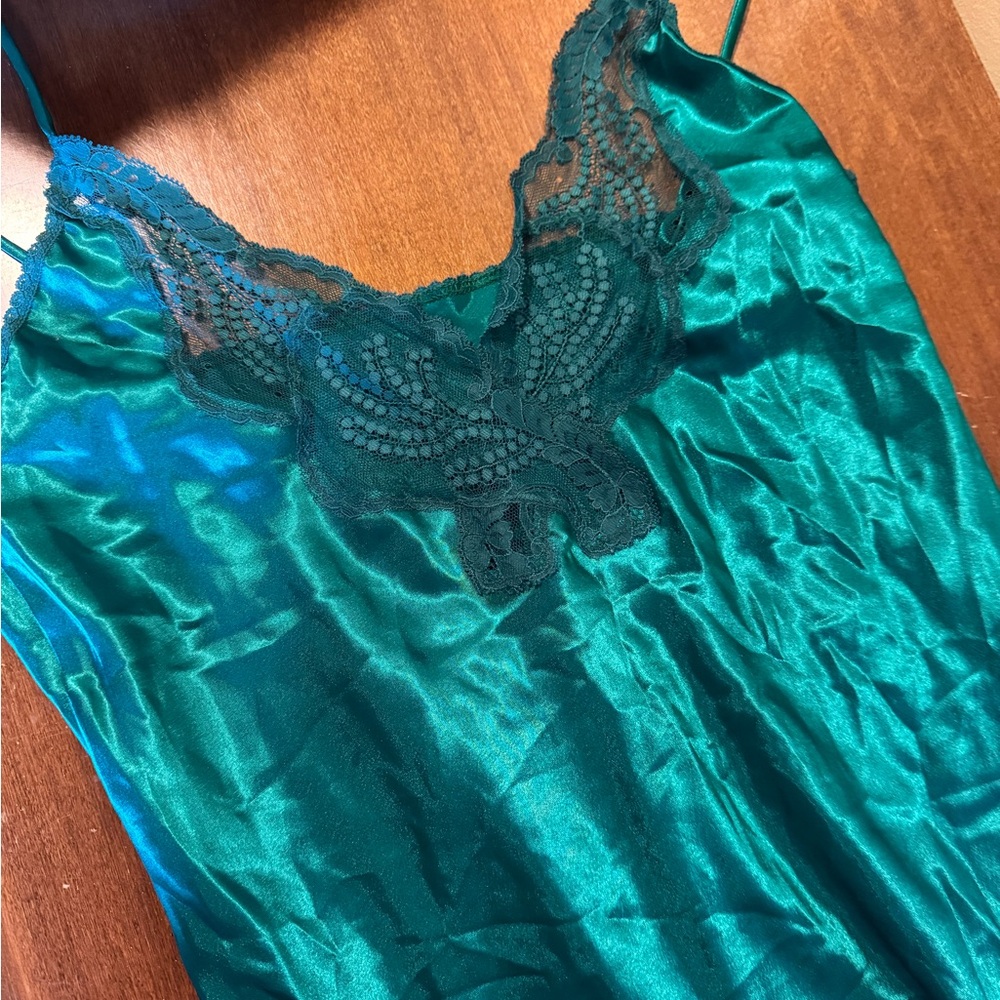 Victorian Lace Teal Satin Dress with Black Lace